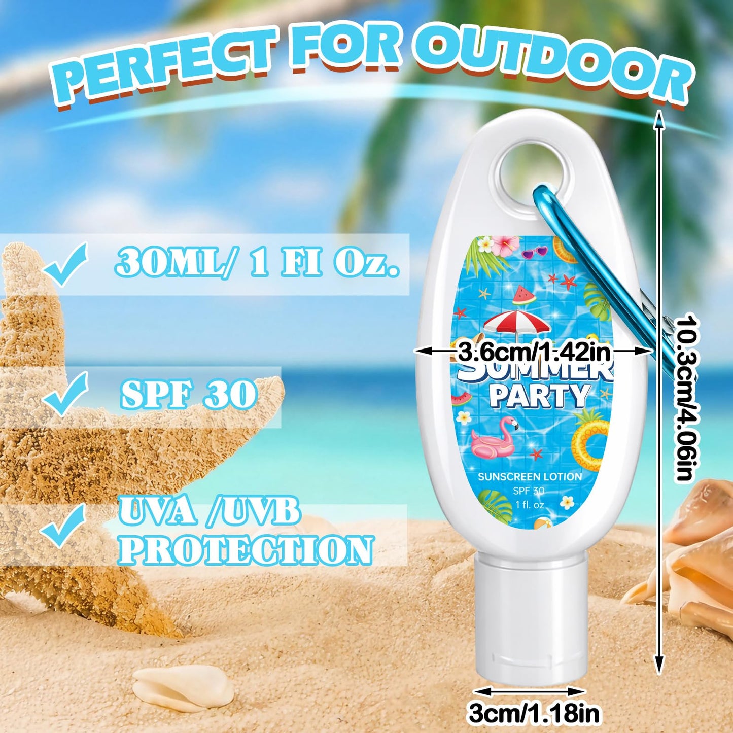 Leelosp 30 Pcs Summer Party Favor Mini Sunscreen with Carabiner Bulk Travel Size 1 Fl. oz. Spf 30 Water Resistant Mini Sunblock Lotion with Clip Keychain for Outdoor Pool Vacation Hawaii Party Favor