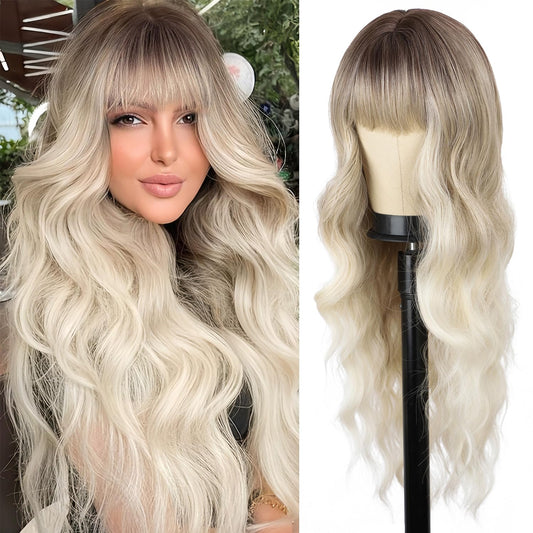 BOGSEA Ombre Ash Blonde Wigs with Bangs Blonde Long Wig for Women Ash Blonde Wavy Wigs Synthetic Heat Resistant Fiber Wigs for Daily Party 26 Inch