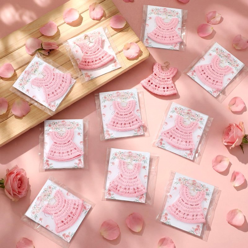 Novabright 50 Pcs Baby Shower Party Favors for Guests Miniature Crochet Dress Magnets with Cards Baby Shower Gifts, Newborn Favors, Thank You Welcome Gifts for Gender Reveal Baptism Party