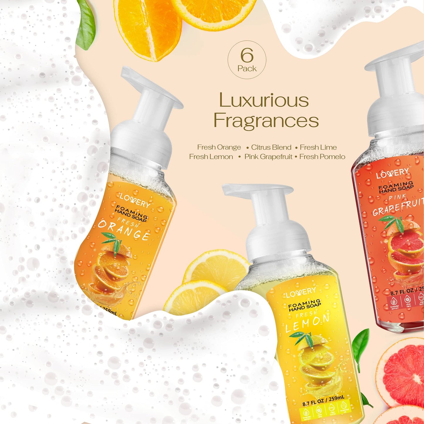 Foaming Hand Soap - Pack of 6 - Moisturizing Hand Soap with Aloe Vera & Essential Oils, Alcohol-Free Hand Wash in Citrus Blend, Lemon, Orange, Pomelo, Lime, Grapefruit, Hand Wash for Kitchen, Bathroom