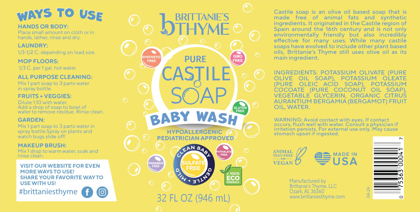 Brittanie’s Pure Castile Liquid Soap Refill, Baby, 32 Ounce Pack of 2 | Dish Soap, Hair & Body, Home, Gentle and Pure, Made with Natural Luxurious Oils, Vegan & Gluten Free Non-GMO