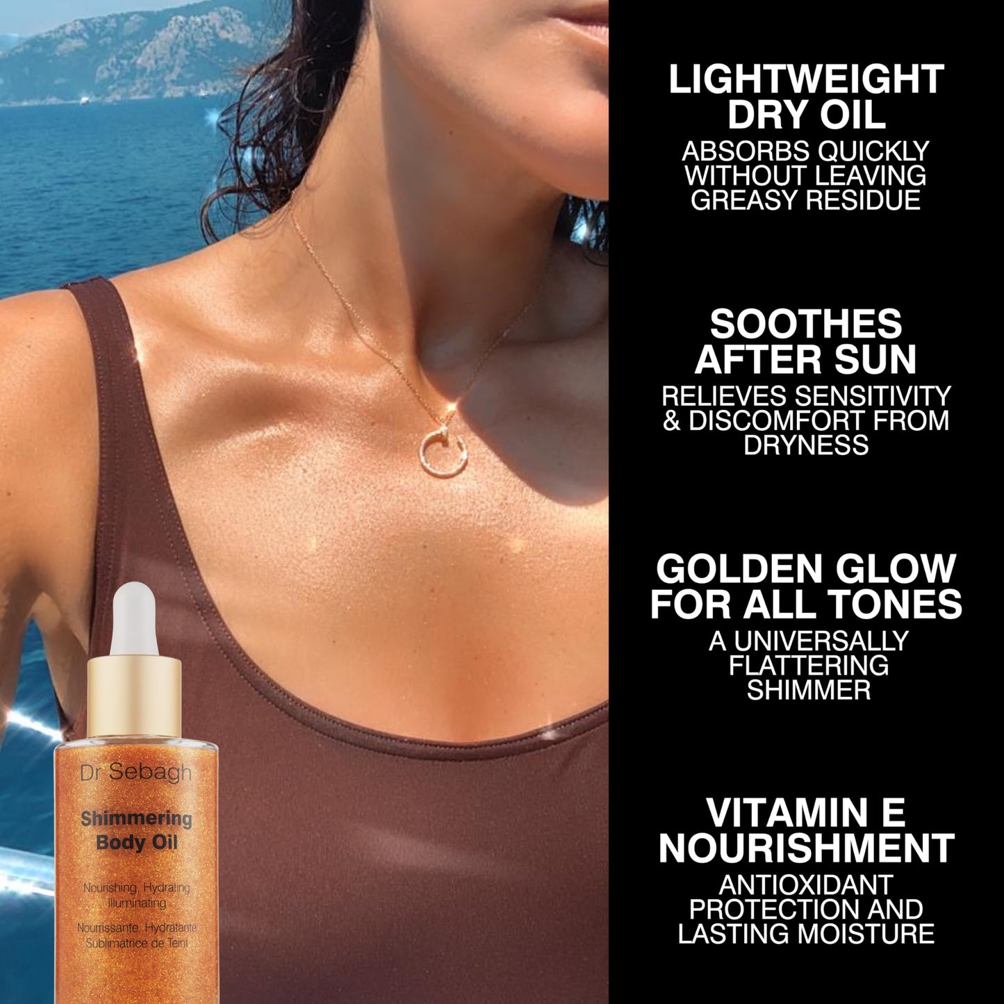 Dr Sebagh Shimmering Body Oil – Hydrating Dry Oil, Golden Shimmer, Vitamin E Nourishment, Soothes Sensitivity, Bronzed Glow for All Skin Tones (1.7 fl oz)