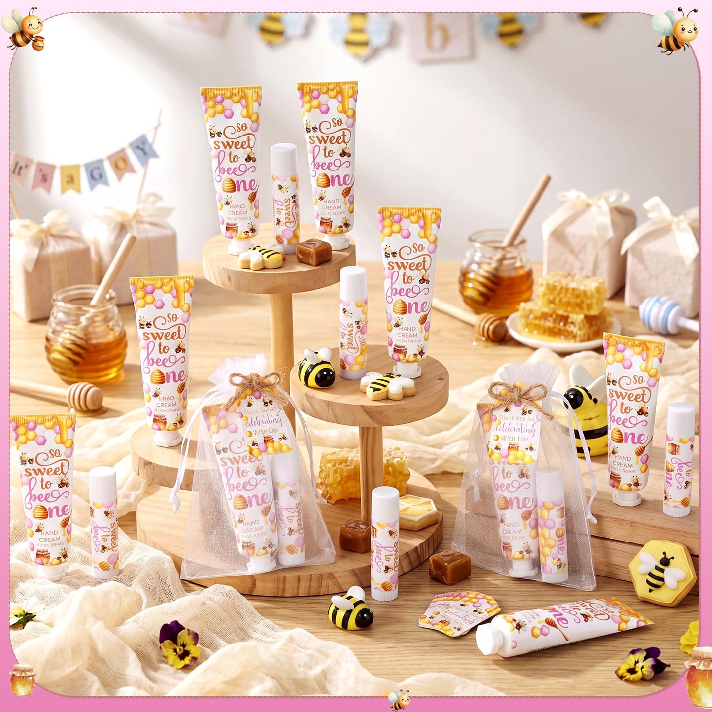 Dansib 24 Sets/96 Pcs Pink Honey Hand Cream and Lip Balm Gift Baby Shower Favors for Guest Thank You for Bee Travel Size Hand Lotion and Lip Balm Bulk Baby Shower Birthday Party Supplies