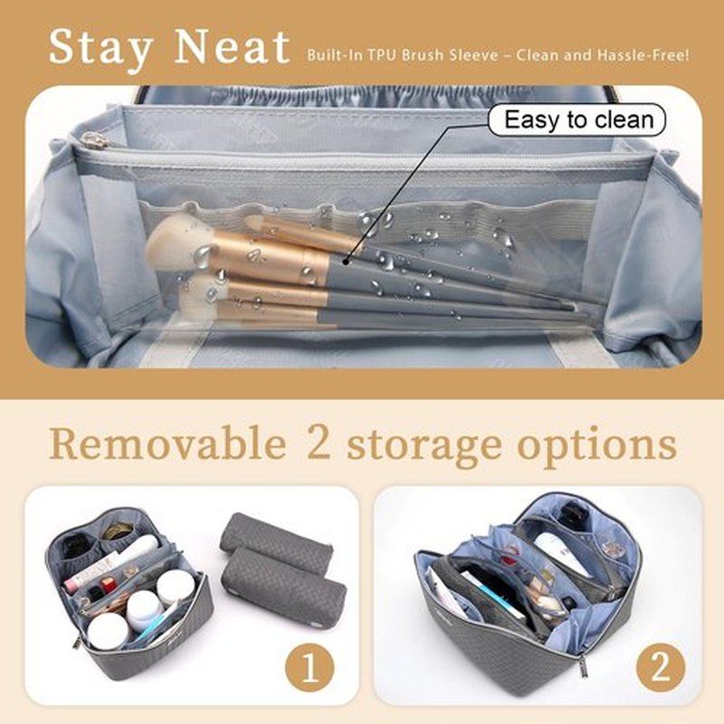 Travel Makeup Bags Cosmetic Organizer Bag: Large Capacity Make up Bag Set of 3 - Vegan Leather Toiletry Bag for Women - Portable Makeup Organizer with Compartments & Handle & Divider (01 Grey)