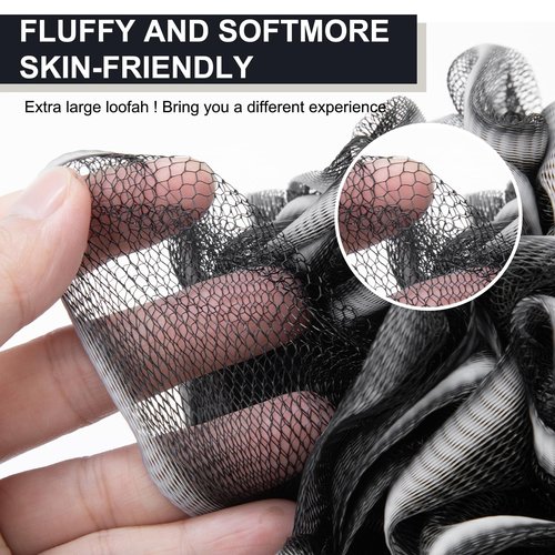 MTDLYICE Loofah Sponge XXL-100g 4 Pack, Bath Sponge Soft Mesh Shower Puff Loofah for Men, Exfoliating Body Scrubber for Women, Shower Accessories (White Black Mix)