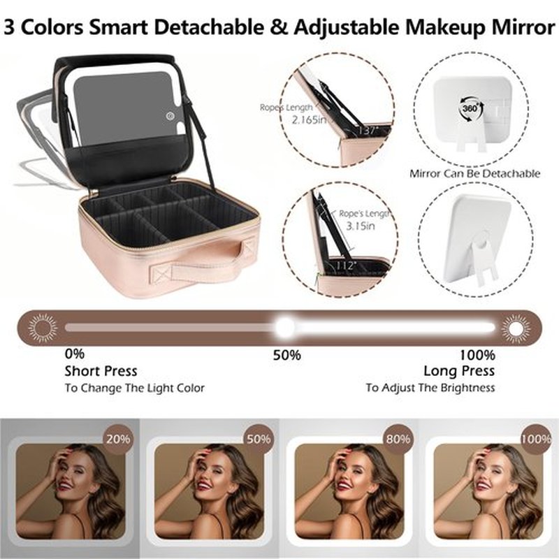 MOMIRA Travel Makeup Bag Cosmetic Bag Makeup Organizer Bag with Lighted Mirror, Adjustable Brightness in 3 Color Scenarios, Waterproof Makeup Train Case, Gift for Women - Champagne