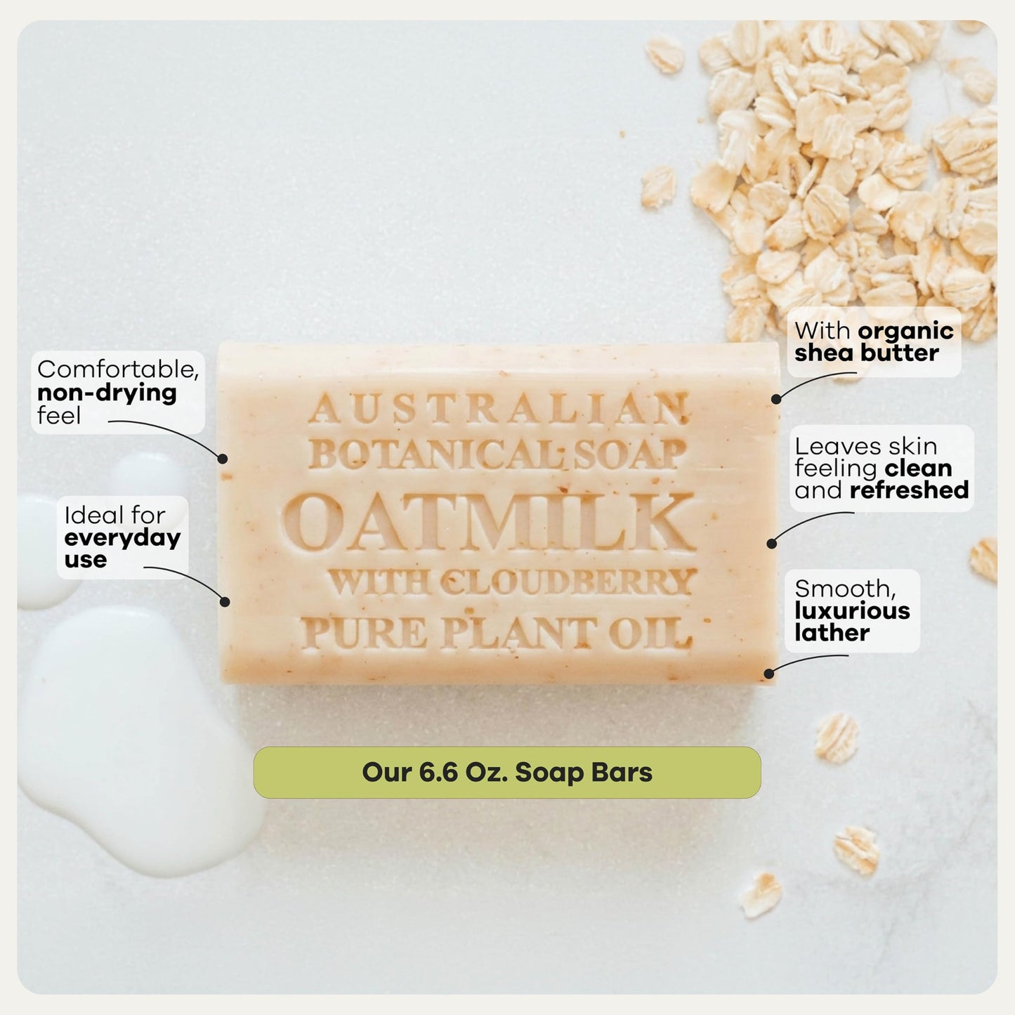 Australian Botanical Soap Oat Milk with Cloudberry – Triple Milled 6.6 oz Bar Soap with Shea Butter, Face Hand & Body Soap Bars, Pack of 4