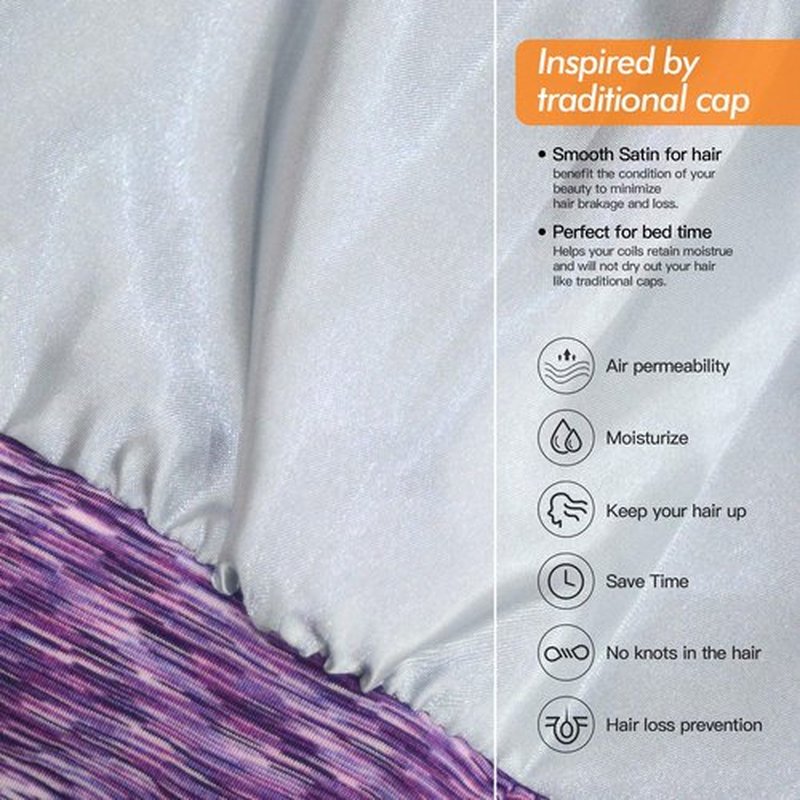 Silk Satin Lined Bonnet Sleep Cap - Adjustable Stay on All Night Hair Wrap Cover Slouchy Beanie for Curly Hair Protection for Women and Men - Heather Purple