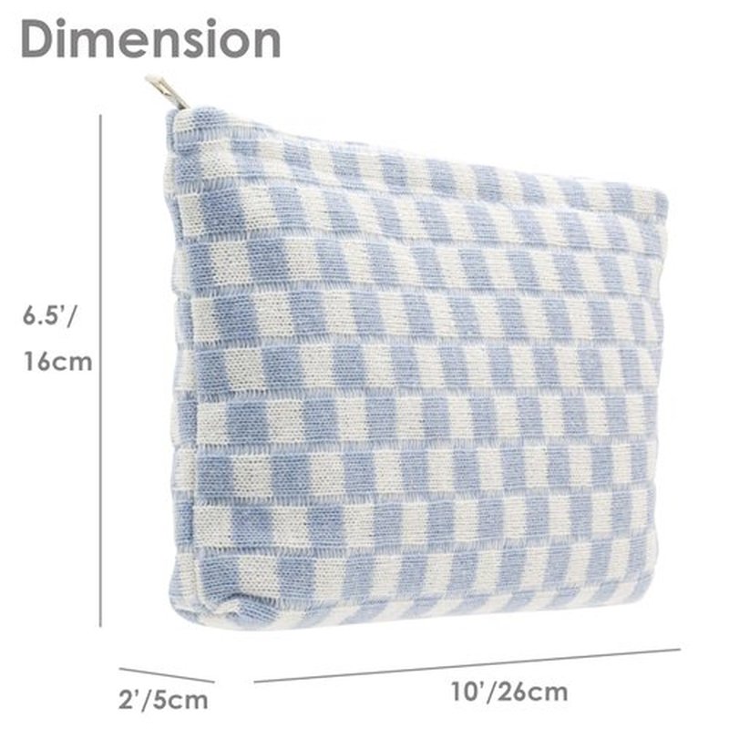 PAZIMIIK Knit Checkered Makeup Bag Large Zipper Make Up Accessory Pouch for Purse Cosmetic Brush Bag for Travel Essential,Blue