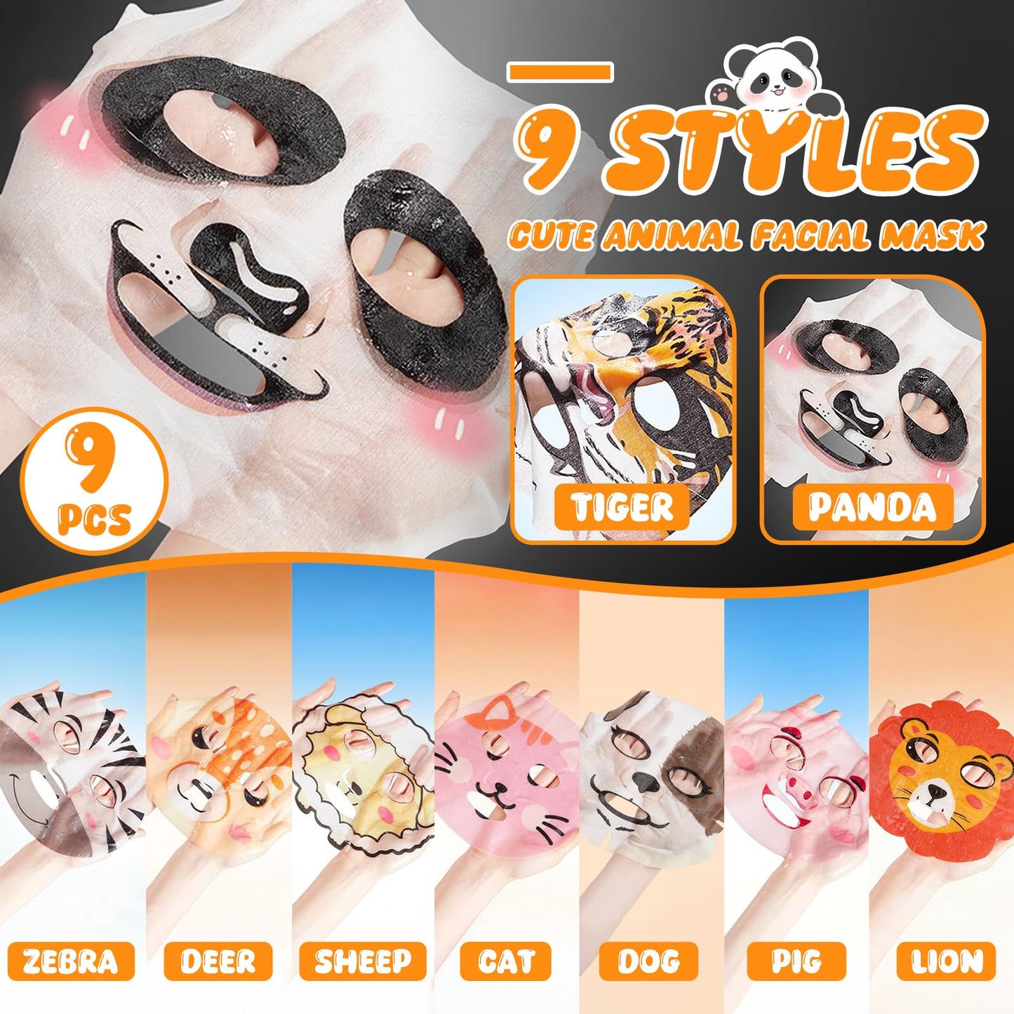 Beenefits 9 Packs Animal Character Facial Masks, Deep Hyrating Spa Masks for All Skin Types, Gift for Kids' Birthady Party, Enjoy Skincare Life, Girl's Night