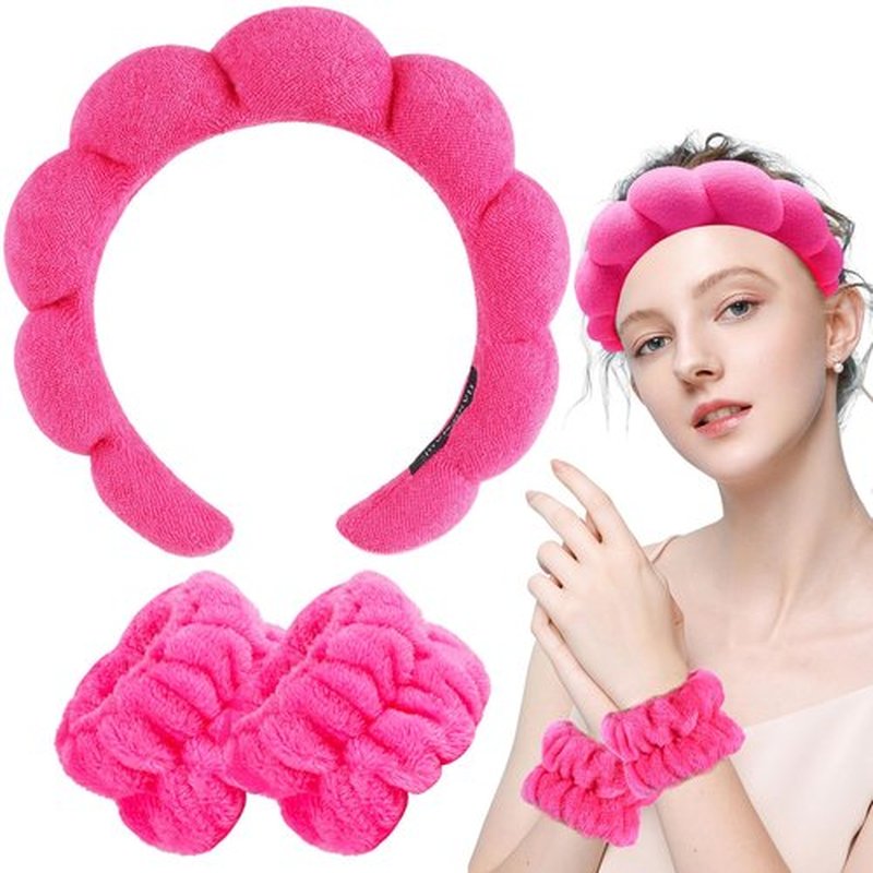 Zkptops Spa Headband for Washing Face Wristband Set Sponge Makeup Skincare Terry Cloth Bubble Soft Get Ready Hairband for Women Girl Puffy Padded Headwear Non Slip Thick Hair Accessory(Hot Pink)