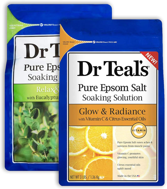 Dr Teal's Epsom Salt Bath Gift Set - 2 Pack (3lb Each) with Eucalyptus, Spearmint & Vitamin C for Relaxation & Radiance