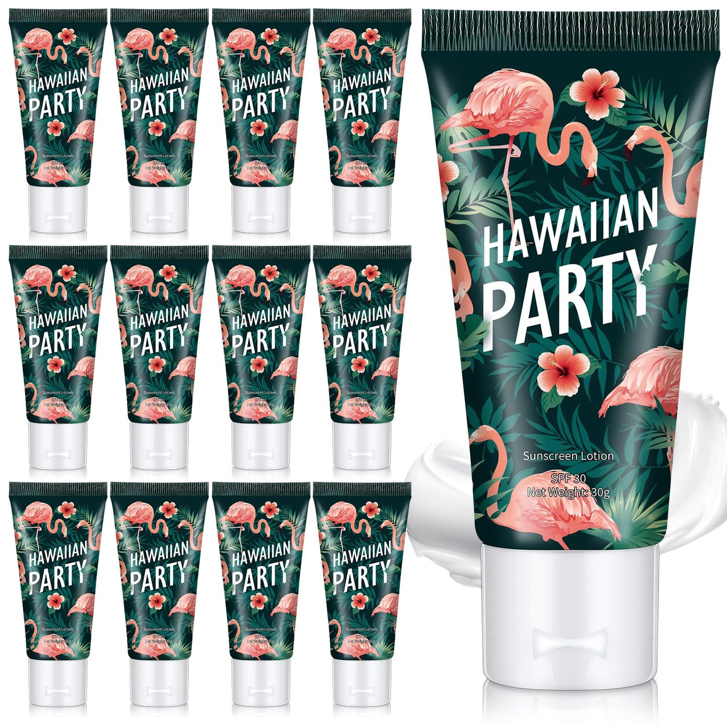 Dansib 12 Pcs Mini Sunscreen Bulk for Summer Party Wedding SPF 30 Water Resistant Sunscreen Lotion Bulk 1oz Travel Size for Thank You Gifts Wedding Supplies (Hawaiian Flamingo Party)