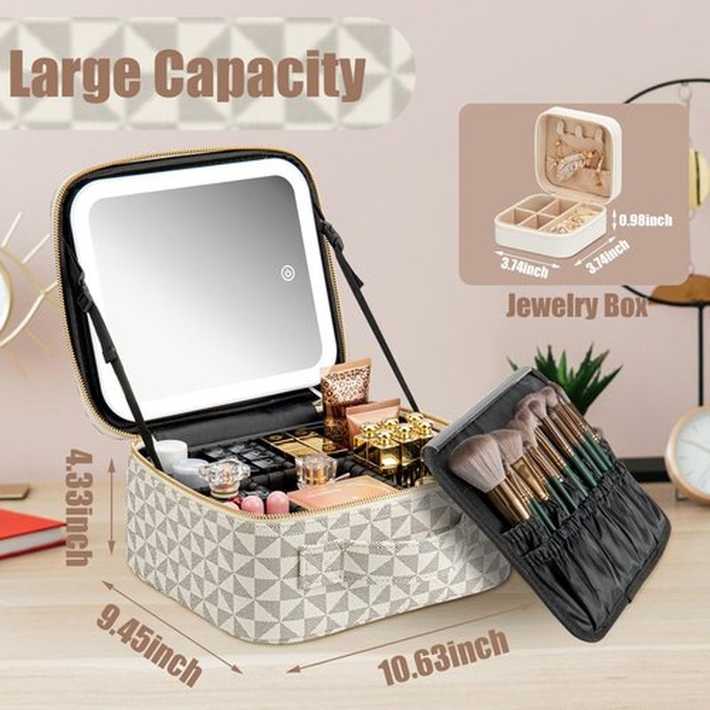 Extrei Gent Makeup Travel Train Case with Mirror LED Light 3 Adjustable Brightness Cosmetic Bag Portable Storage Adjustable Partition Waterproof Makeup Brushes Makeup Jewelry Gift for Women