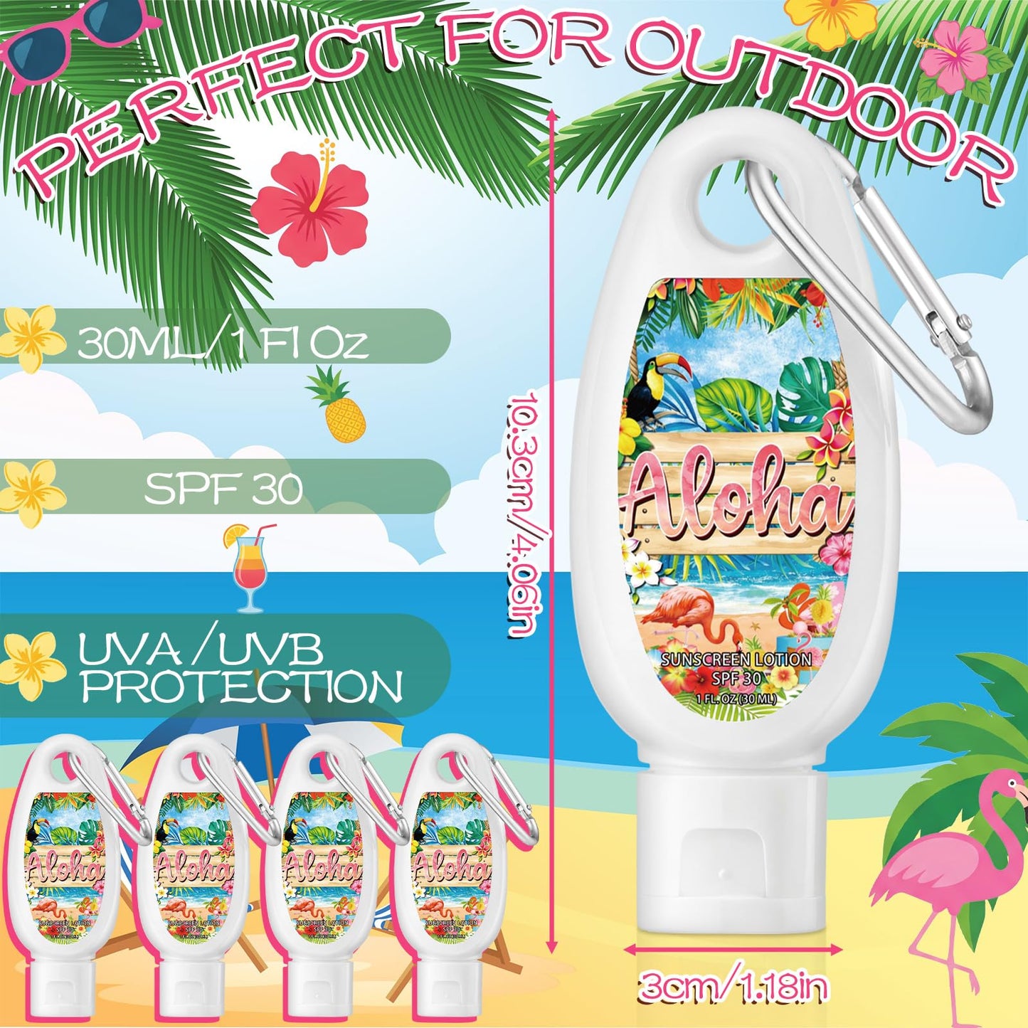 Leelosp 30 Pcs Luau Party Mini Sunscreen with Carabiner Bulk Travel Size 1 Fl. oz. Spf 30 Water Resistant Mini Sunblock Lotion Keychain Tropical Summer Beach Pool Aloha Haiwaii Party Supplies