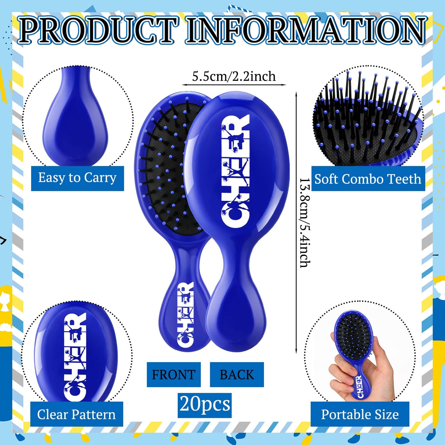 SiliFine 20 Pack Cheer Mini Hair Brushes Bulk Cheer Gifts Bulk for Team Detangling Hair Brushes Plastic with Bristles for Cheerleader Team Sport Valentine Gifts for Women(Blue)