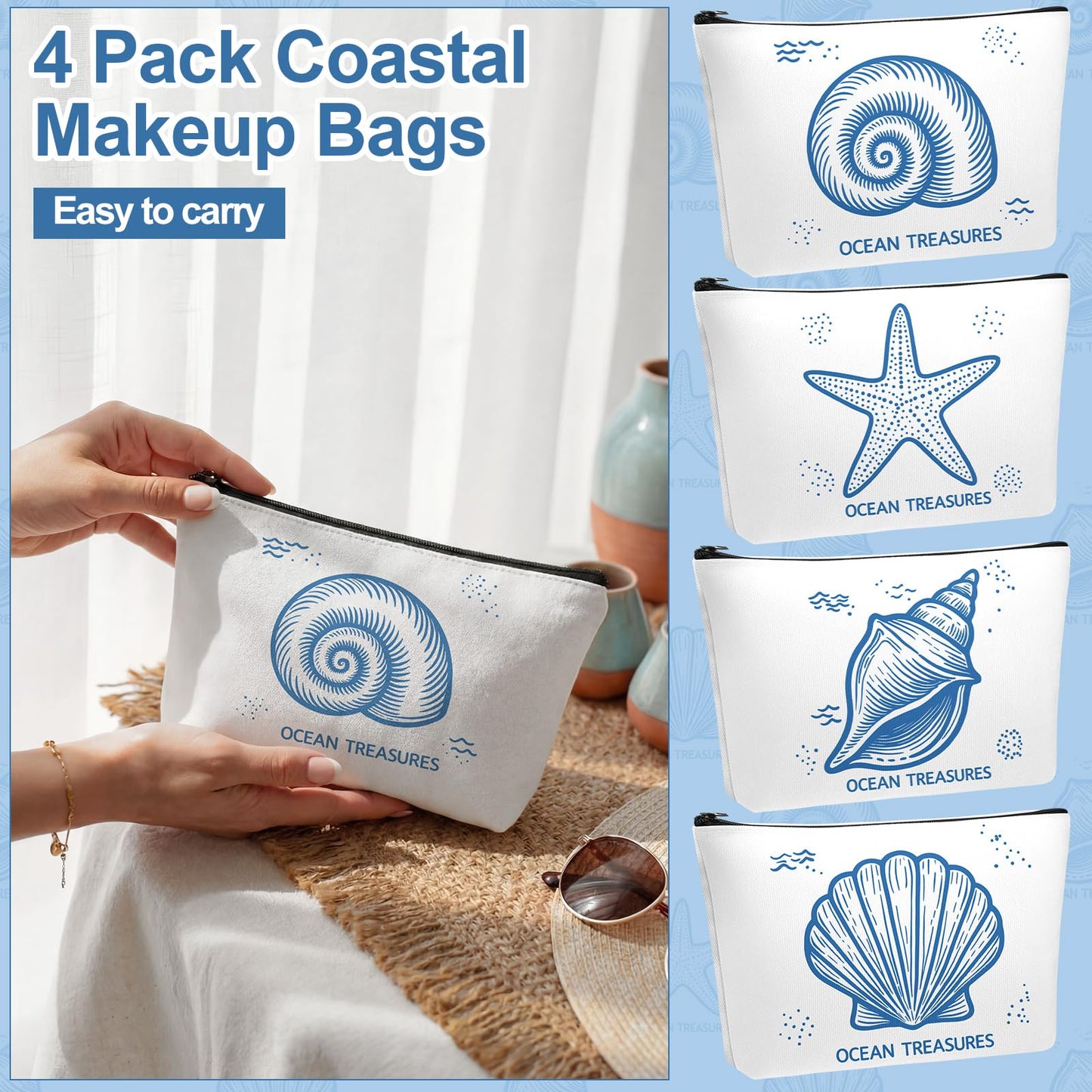 Sunnymove 4 Pack Coastal Cosmetic Bags Beach Ocean Themed Gifts Makeup Pouches Zippered Travel Toiletry Bags for Women Beach Summer Trip Organizer Set(Simple)