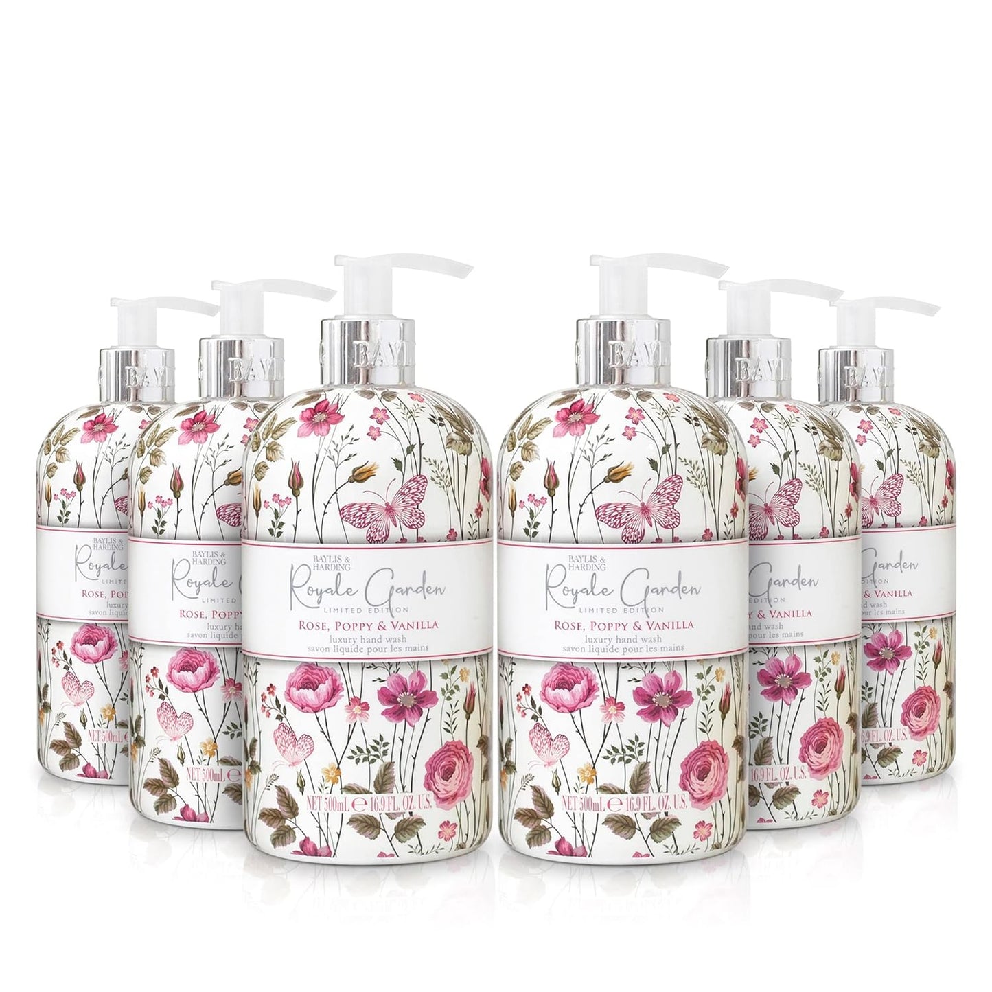Baylis & Harding Royale Garden Liquid Hand Soap with Dispenser - Rose, Poppy & Vanilla, 16.9oz (6-Pack)