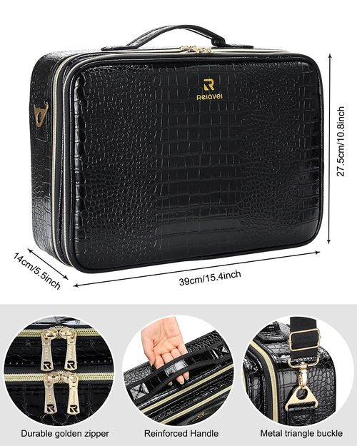 Relavel Makeup Case Large Makeup Bag Professional Train Case 16.5 inches Travel Cosmetic Organizer Brush Holder Waterproof Makeup Artist Storage Box, Large Capacity (Crocodile Pattern, Large)