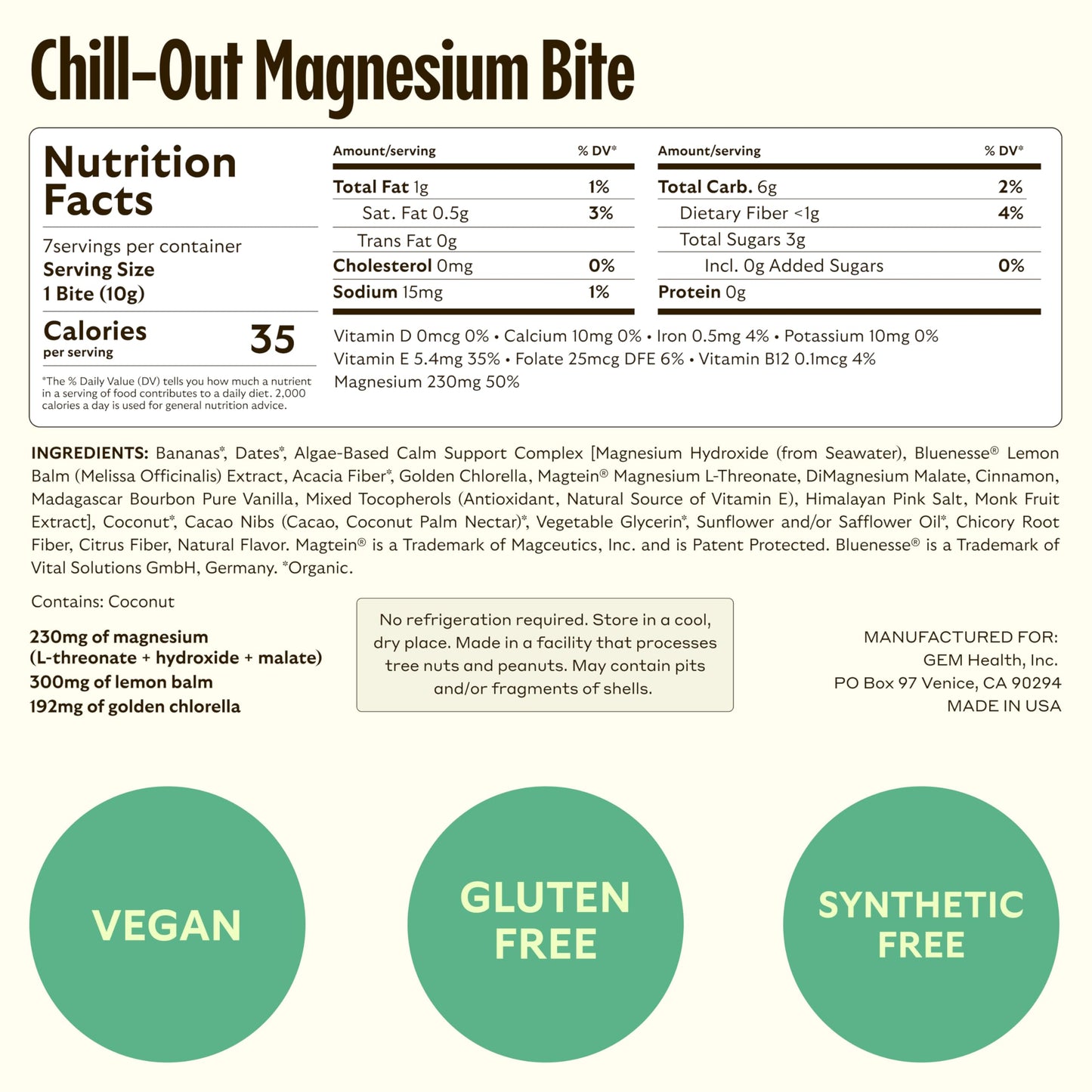 GEM Calm Bite | Supports Calm Mind & Clarity | Magnesium L-Threonate, Golden Chlorella, Lemon Balm | 50% of Your Daily Magnesium in One Bite | Gluten Free, Soy Free, Banana Cinnamon (7 Count)