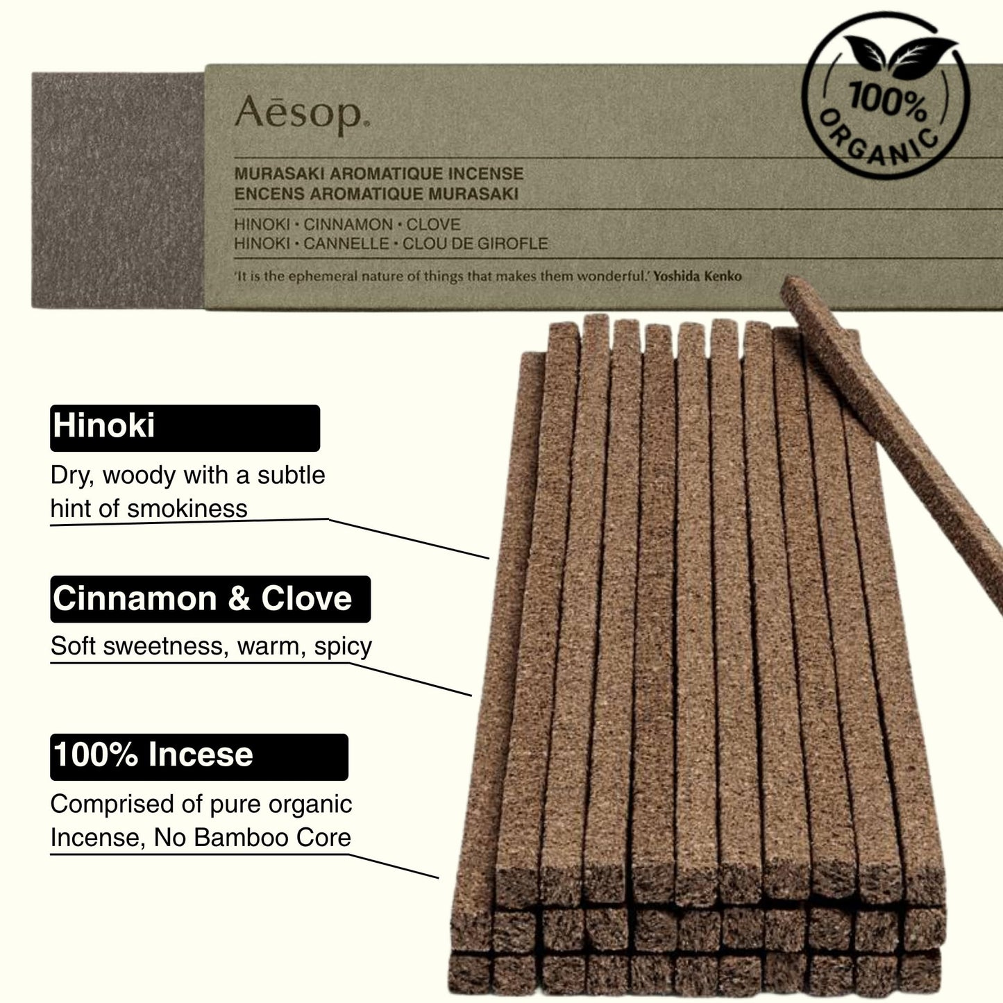 Aesop Murasaki Aromatique Incense Sticks | Woody and Spicy Aroma of Hinoki & Cinnamon| 33 Sticks, 30-Min Burn Time | Includes Kanuma Pumice Holder | Vegan, No Synthetic Fragrance