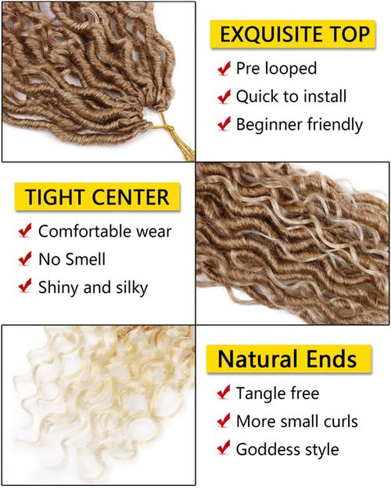 14 Inch Goddess Faux Locs Crochet Hair for Black Women Pre Looped Curly Crochet Goddess Locs Blonde Bohemian River Locs Crochet Hair (14 Inch, 7 Packs, 27/613)