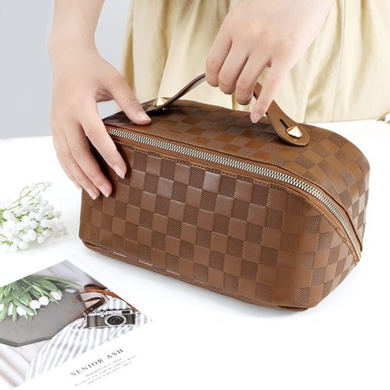 ALEXTINA Large Capacity Travel Cosmetic Bag - Portable Women Waterproof PU Leather Checkered Makeup Organizer with Dividers and Handle,Toiletry Bag for Cosmetics, Brown