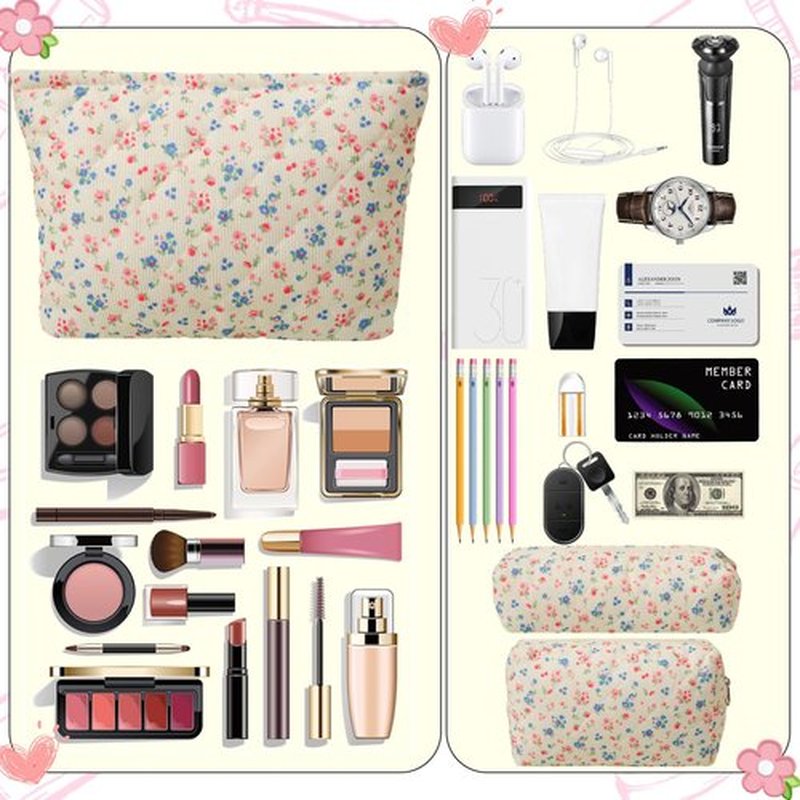 LYDZTION 3Pcs Makeup Bag Set, Large Floral Cosmetic Bag Quilted Makeup Bag Travel Makeup Bag Organizer Cute Makeup Brush Bag Travel Toiletry Bag for Women
