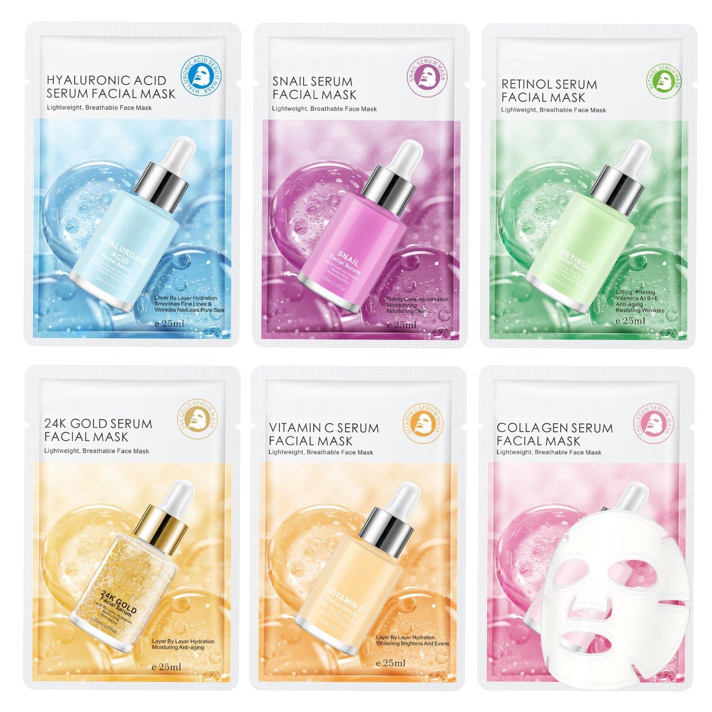 GUOYAOLIFU 6 Pack Serum Sheet Masks,Facial Masks Skincare for Women,Hydrating & Moisturizing Face Masks for All Skin Types,Smooth,Nourishing,Lightweight