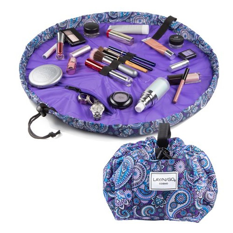 Lay-n-Go Cosmo Drawstring Cosmetic & Makeup Bag Organizer - Portable Drawstring Makeup Bag w/Zipper Pocket, Makeup Loops & More - Durable, Machine Washable Makeup Bag for Travel (20”, Purple Paisley)