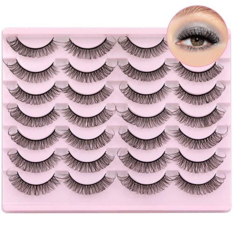 Newcally Russian Strip Lashes Mink Wispy Natural Look False Eyelashes Pack Manga Lashes D Curl Fluffy Volume Faux Mink Lashes Cat Eye Lashes Look Like Lashes Extension 14 Pairs