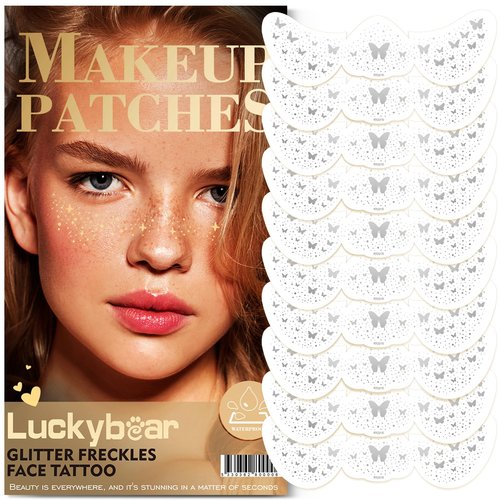 Face Glitter Freckles, Silver Glitter Freckles Face Tattoo Makeup Patches, Butterfly Speckles Sparkle Freckles Beauty Face Waterproof Fake Freckle for Holiday Dance Music Party Makeup 10 Count