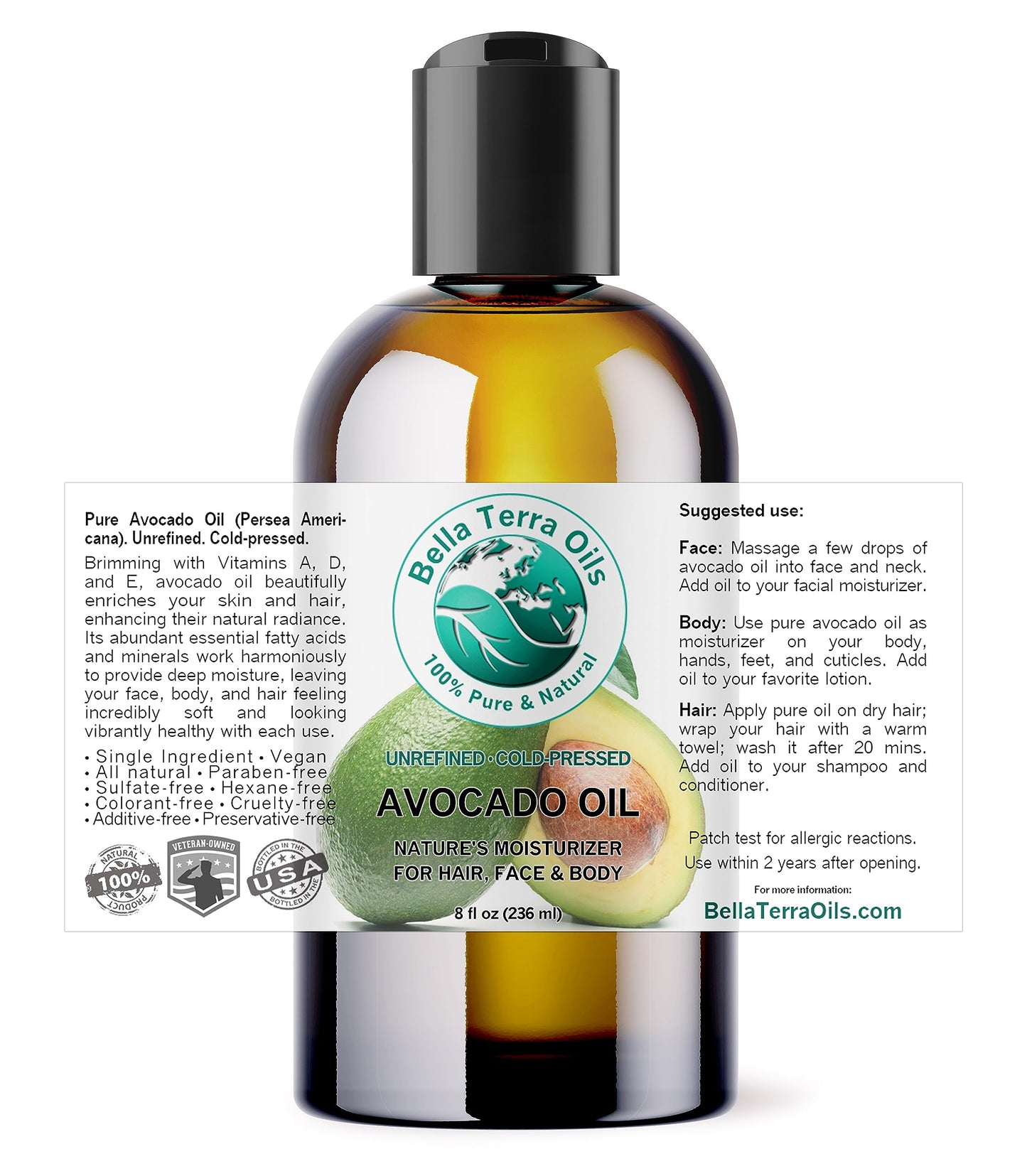 Bella Terra Oils - Avocado Oil 8 oz - Cold-Pressed Excellence, Brimming with Oleic Acid & B-Vitamins, Ideal Complement for Skin Care Regimens