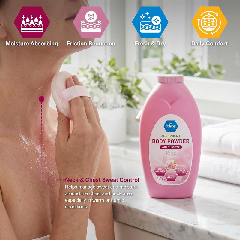 Talc-Free Cornstarch Body Powder - Moisture Absorbing Rose Scent | 13 Oz Bottle for Daily Freshness