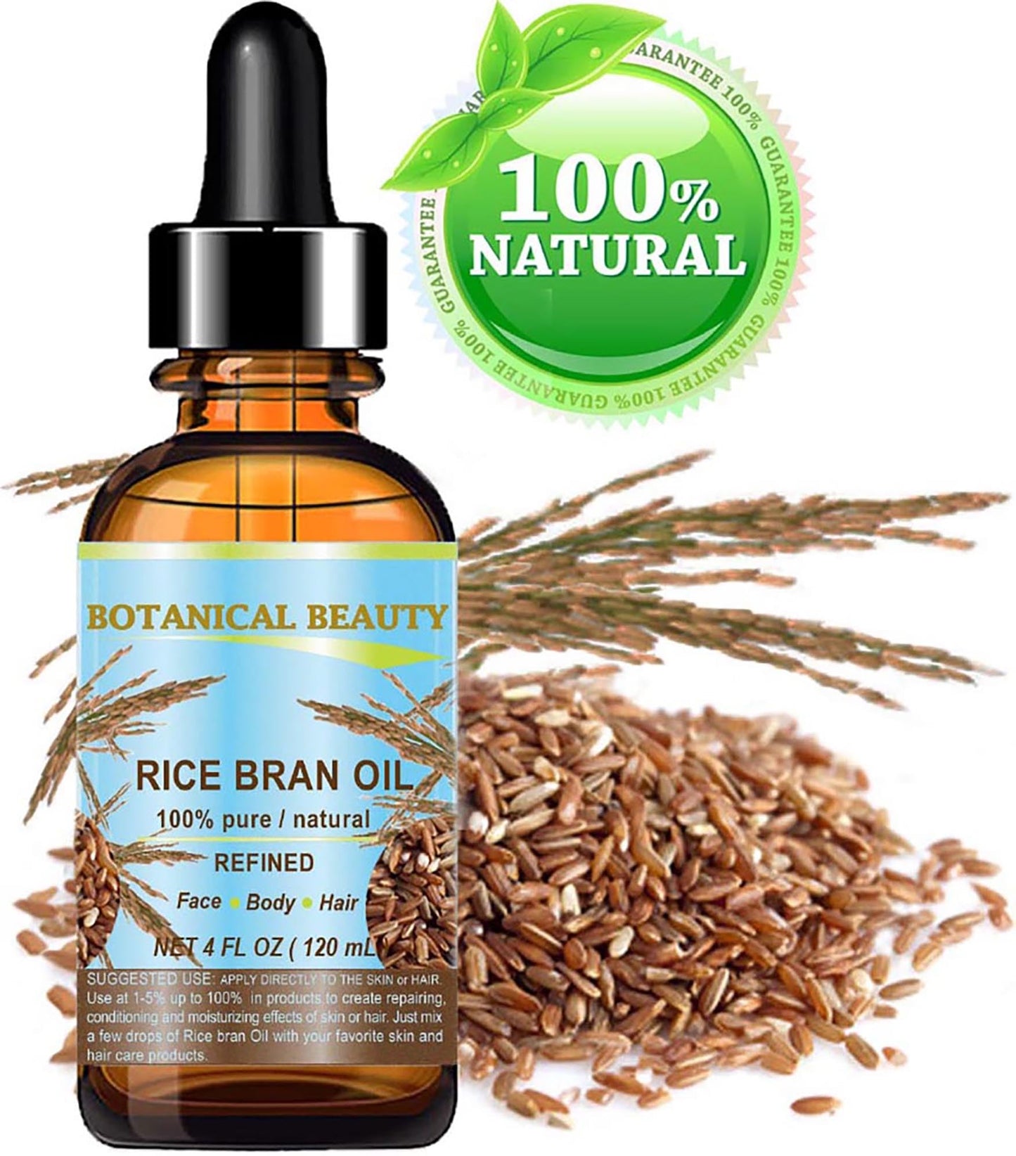 Botanical Beauty RICE BRAN OIL 100% Pure Natural Refined Undiluted Cold Pressed Carrier Oil for Face, Skin, Body, Hair, Massage, Nails. (4 Fl Oz)