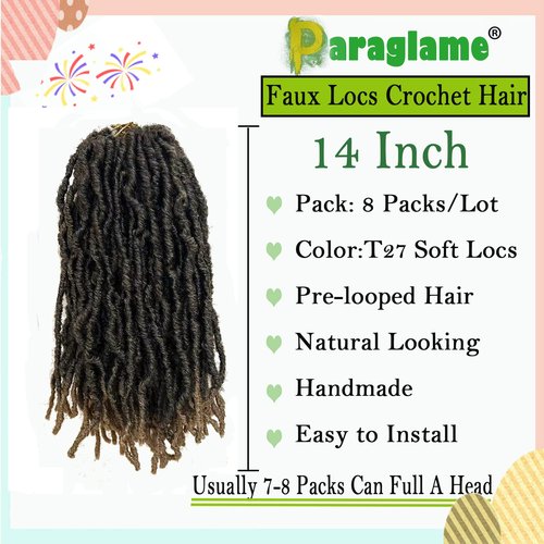 Paraglame Faux Locs Crochet Hair 14 Inch 8 Packs Soft Locs Pre-Looped Crochet Hair, New Soft Faux Locs Curly Hair Extension, Goddess Locs Crochet Hair for Black Women (8 Packs, T27#)