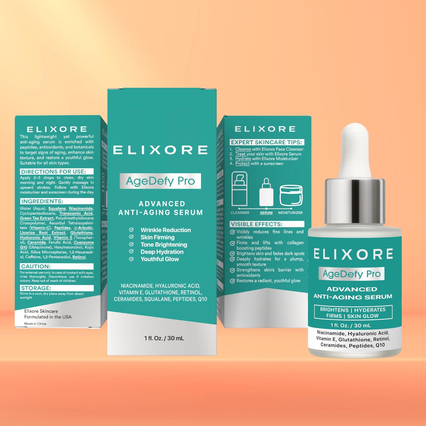 ELIXORE AgeDefy Pro Advanced Anti-Ageing Serum with Peptides & Vitamin C | Face Serums for Wrinkles, Firming & Brightening with Retinol, Niacinamide & Tranexamic Acid | for Mature Skin 30ml