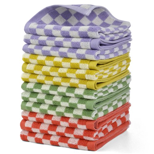 Washcloths 12 Pack Bathroom Face Towels 4 Colors for All Family Members, Soft Cotton Terry Wash Cloths for Showering 13"x13", Checkered