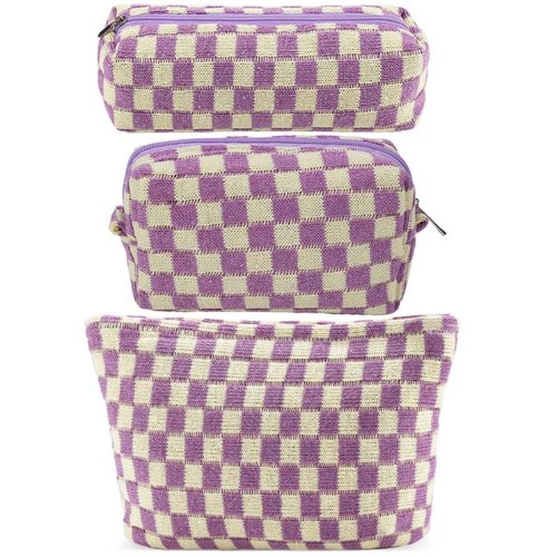 ZLFSRQ 3Pcs Checkered Makeup Bag for Women Large Cosmetic Bag Set Travel Toiletry Bag Makeup Pouch Bag for Purse Purple Zipper Storage Bag Organizer Cute Small Aesthetic Girls Car Essentials Bag