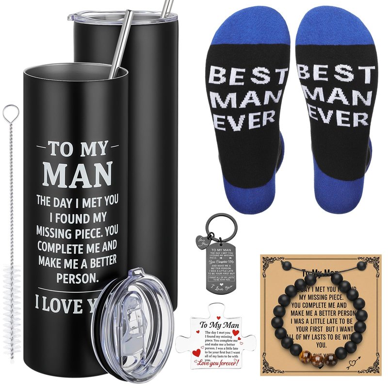 Geiserailie 5 Pcs Mens Gifts Basket Fathers Day Basket for Men To My Man Bracelet Keychain Tumblers Socks for Father Husband Boyfriend
