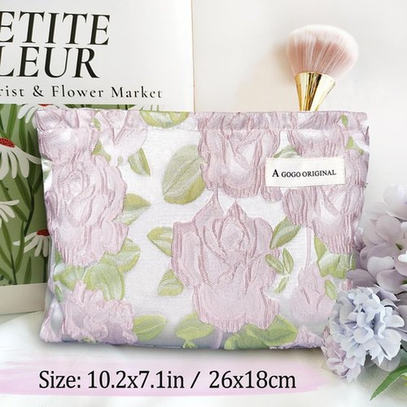 STARDW Aesthetic Makeup Bag for Women Travel Toiletry Bag Large Capacity Makeup Organizer Bag Floral Cosmetic Bags Zipper Pouch (Embossed Rose)