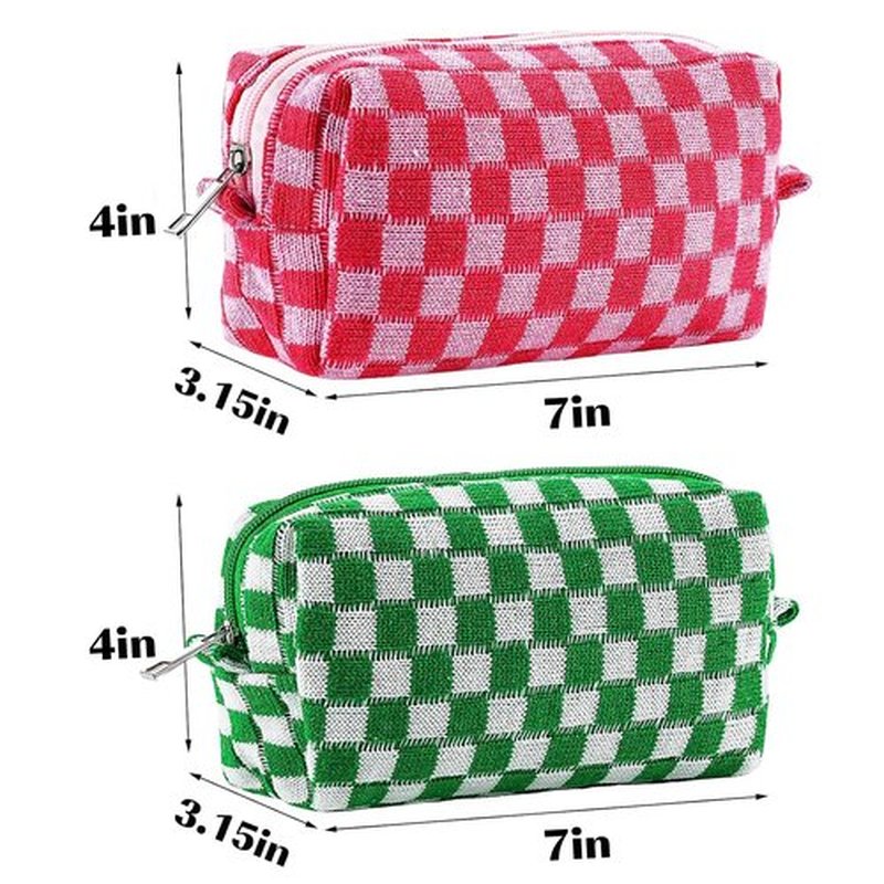 ZLFSRQ 2Pcs Checkered Makeup Bag for Women Medium Travel Cosmetic Bag Makeup Pouch for Purse Zipper Toiletry Bag Organizer Cute Y2K Aesthetic Trendy Adults Makeup Brushes Storage Case(Pink/Green)