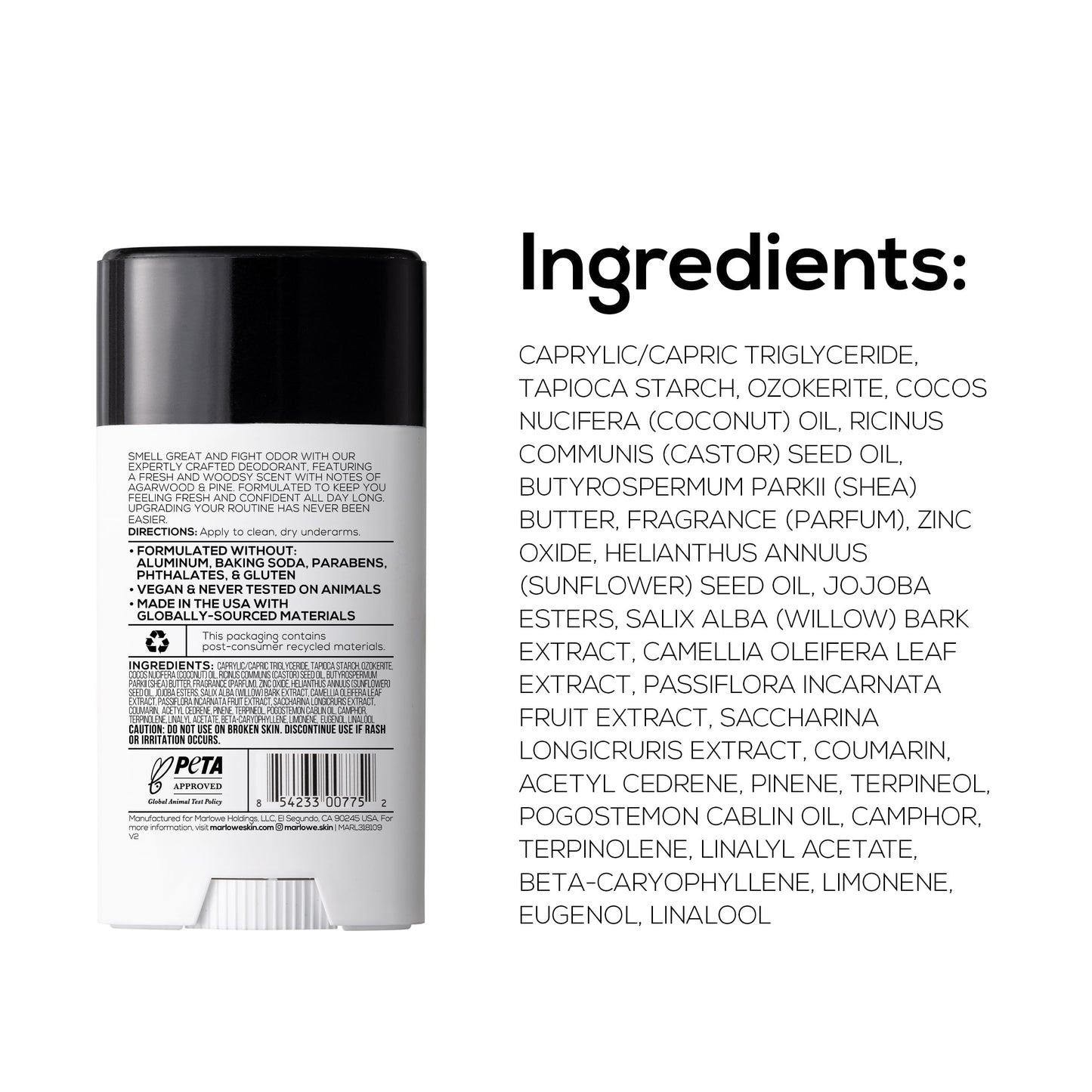 MARLOWE. Aluminum Free Men's Deodorant Stick, Original Sage & Fir, 2.5 oz