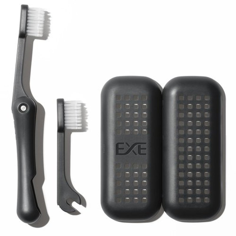 Minibox Folding Travel Toothbrush with Dual-Length Bristles & Case, Compact Mini Design for Business Trips, Camping, and Outdoor Activities, 1 Pack with 1 Extra Replaceable Brush Heads, Black