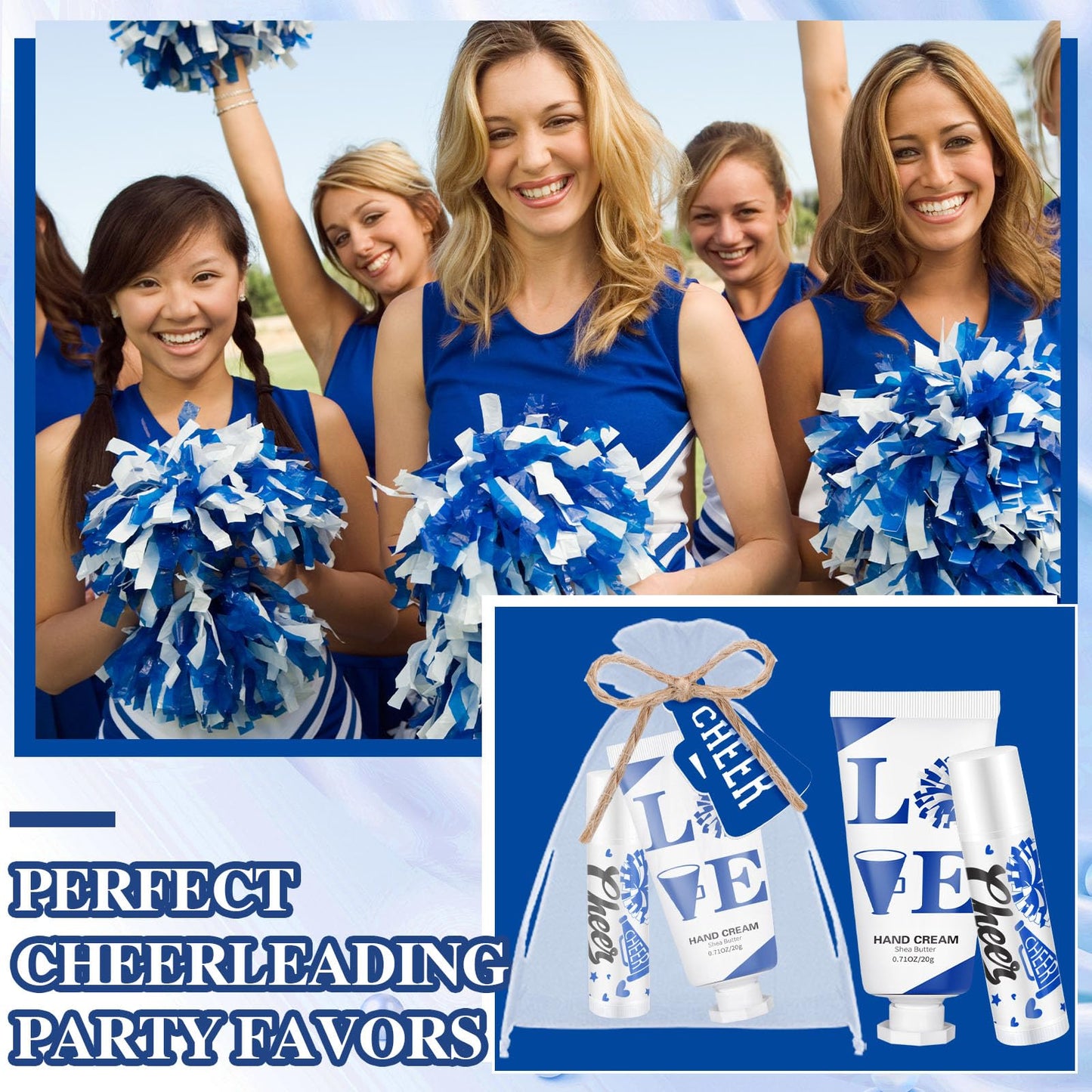 Heigble 144 Pcs Blue Cheer Lip Balm Hand Cream Set Party Favors Cheer Teams Camp Gifts Include 36 Lip Balm 36 Moisturizing Hand Cream 36 Bags 36 Cards and Ropes for Guest Party Supplies Accessories
