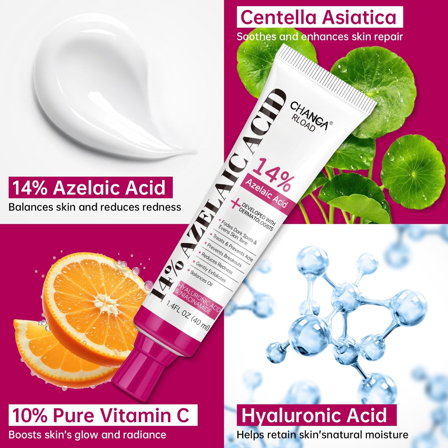 14% Azelaic Acid Acne Cream with Niacinamide & Centella,Azelaic Acid Facial Serum–Smooth & Even Skin Tone,Reduce the Appearance of Blemishes,Dark Spots&Uneven Skin,Gentle Hydrating Formula,1.4oz,2PCS