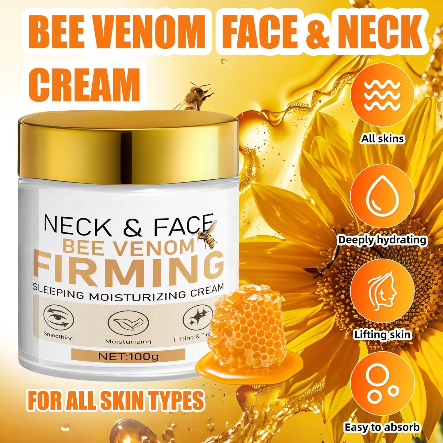Bee Venom Sleeping Moisturizing Cream - Hydrating & Plumping Face and Neck Cream with Hyaluronic Acid, Daily Moisturizer for Firmer, Softer Skin, 3.53oz