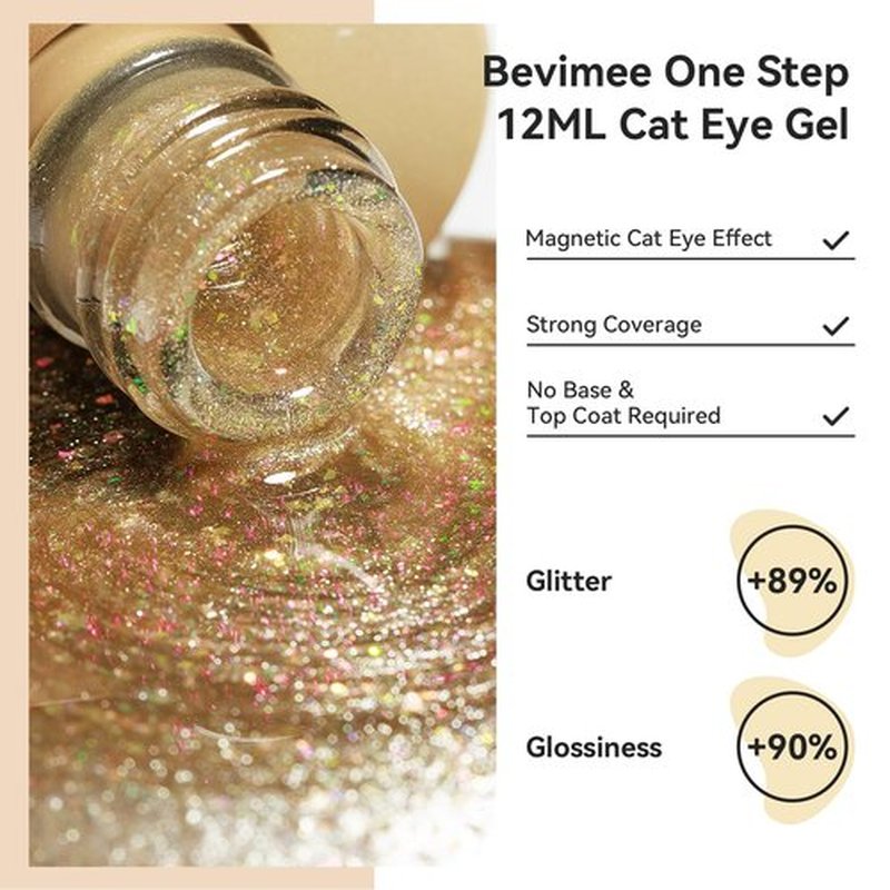 Bevimee Cat Eye Gel Polish 12ML Champagne Gold Magnetic Nail Polish Gel 3 in 1 Step - Glitter Cateye Crushed Ice Effect, Sparkle Crystal Nail Gel Nail Art Polish Soak Off Salon Manicure Gift