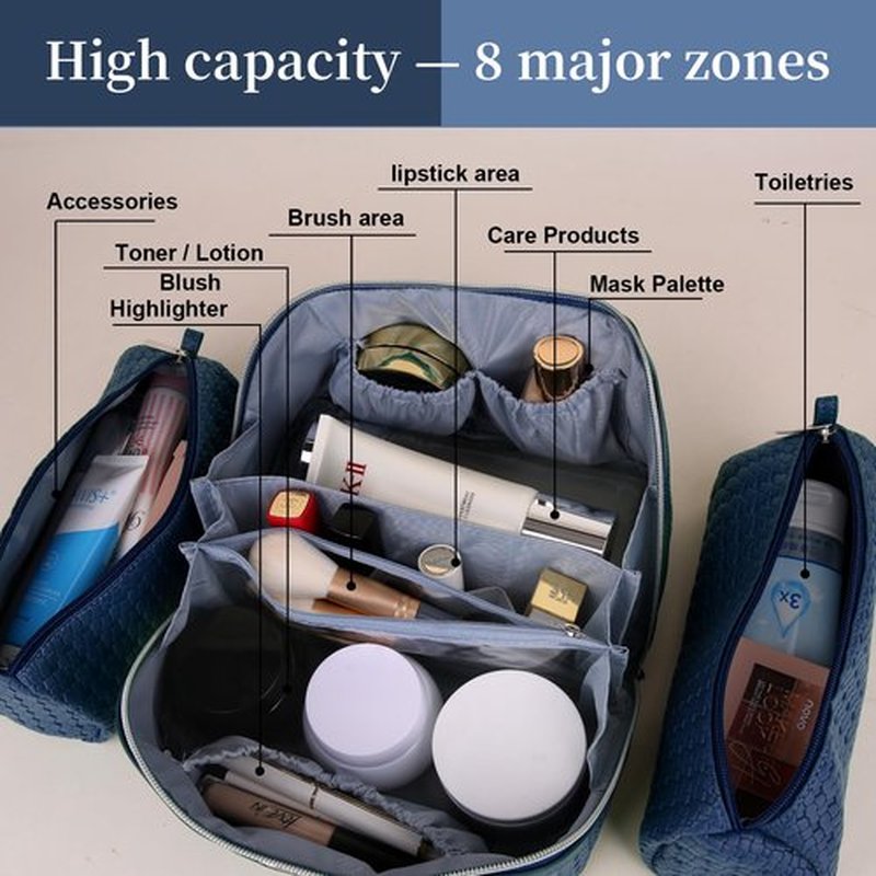 Travel Makeup Bags Cosmetic Organizer Bag: Large Capacity Make up Bag Set of 3 - Vegan Leather Woven Toiletry Bag for Women - Portable Makeup Organizer with Compartments & Handle & Divider Blue