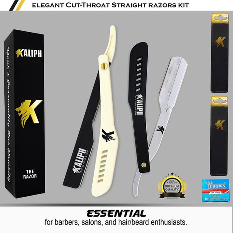 Kaliph Professional Straight Razor For Men - Premium Pack of 2 Straight Edge Barber Razor With 100 Blades - Smooth Shaving Mens Manual Cut Throat Shaver Safety Kit (Black & White)